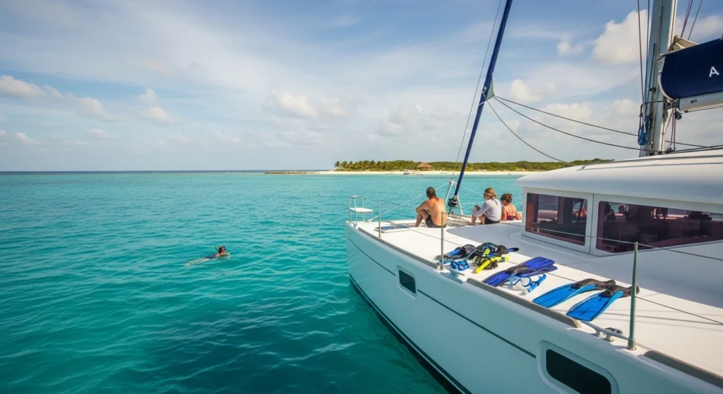 Catamaran tour in Playa del Carmen with snorkeling gear, calm turquoise water, and relaxing sailing experience