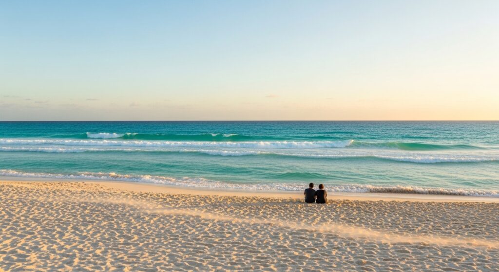 Vista romántica al amanecer de Playa Delfines Cancún, con su suave arena blanca, olas turquesas y una playa tranquila y poco concurrida, perfecta para parejas.