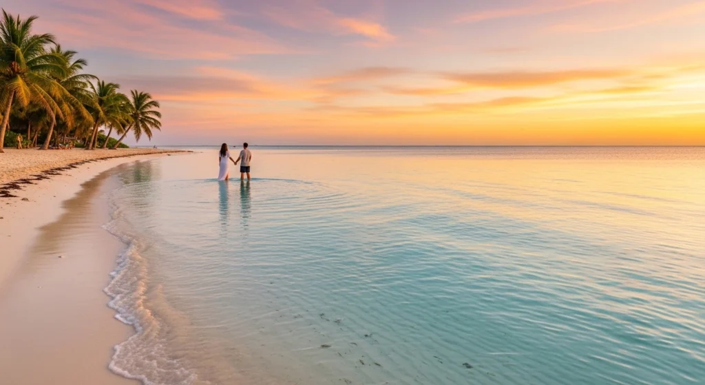 Atardecer romántico en Playa Norte Isla Mujeres con aguas tranquilas y poco profundas de color turquesa, arena blanca y suave, y un entorno playero apacible ideal para parejas.