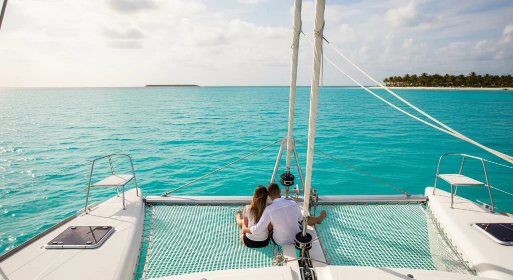 Couple relaxing on a luxury catamaran sailing in turquoise Cancun waters near Isla Mujeres, enjoying a peaceful and romantic day trip near the best place to stay in Cancun for couples.