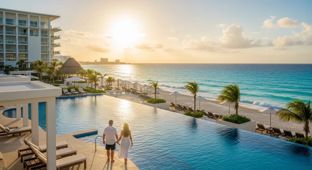 Luxury oceanfront resort in Cancun with a couple enjoying a romantic sunset by the infinity pool, representing the best places to stay in Cancun for couples.