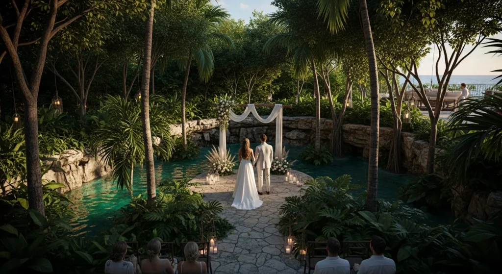 Couple standing at a unique wedding venue in Cancun surrounded by lush greenery and cenote scenery, showcasing alternative ceremony locations beyond traditional beach settings.