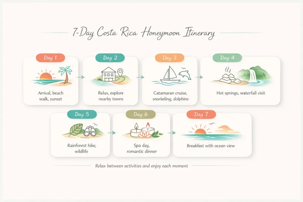 7-day Costa Rica honeymoon itinerary showing daily activities like beach walks, catamaran cruise, rainforest hike, hot springs, spa, and ocean view breakfast