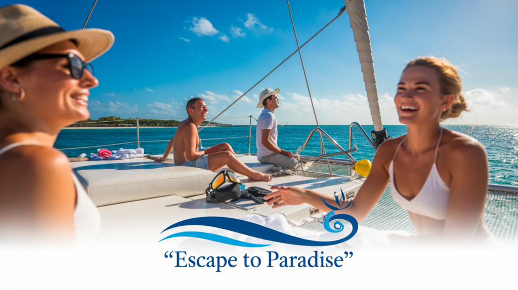 Smiling people relax on a catamaran under a sunny sky, enjoying an "Escape to Paradise