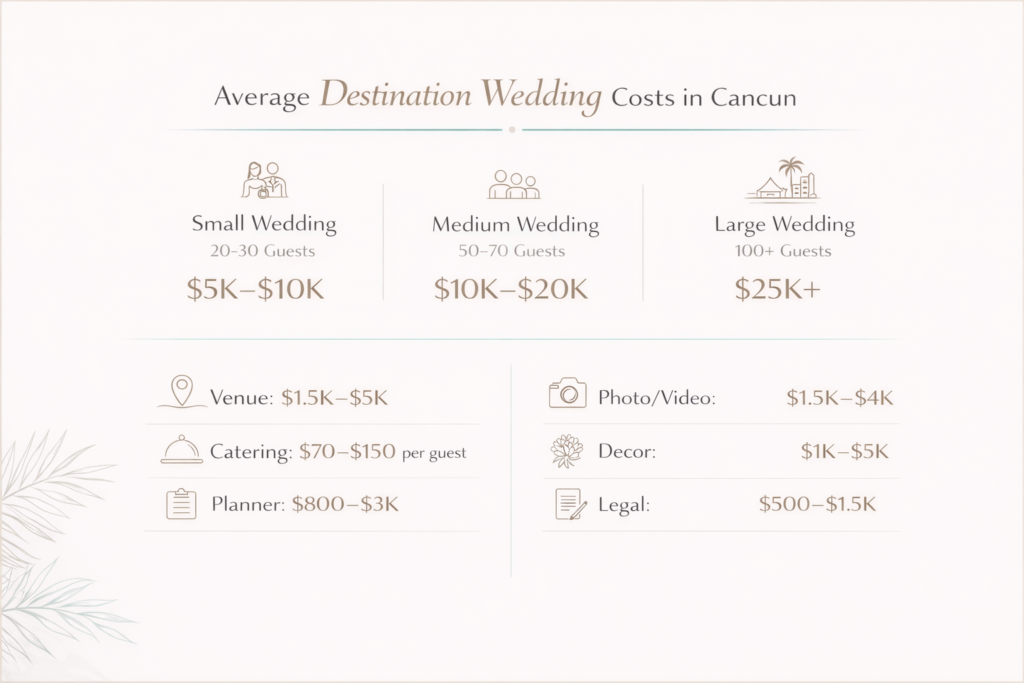 Minimalist blue infographic showing average destination wedding costs in Cancun by guest size and main expense categories.