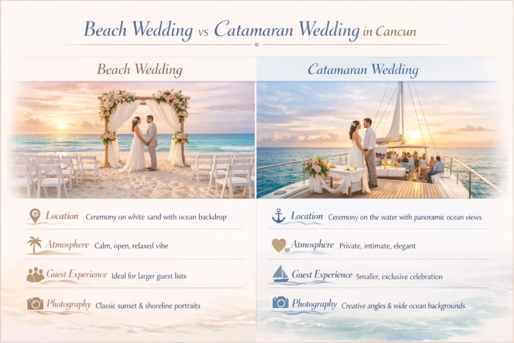 Minimalist infographic showing comparison between beach wedding and catamaran wedding in cancun.