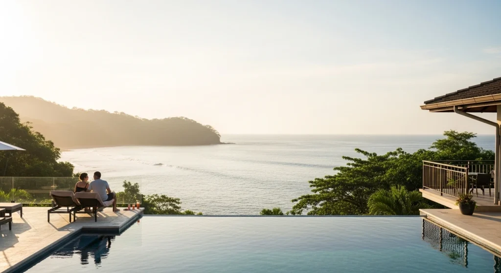 Couple relaxing at a luxury oceanfront resort in Costa Rica with an infinity pool, enjoying the best place to stay in Costa Rica for couples.