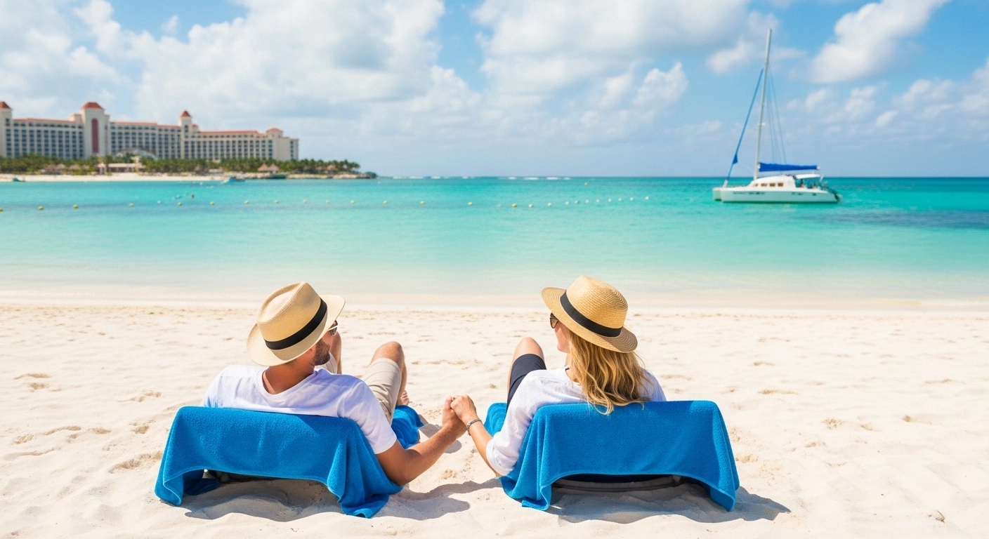 Couple at a luxury beachfront resort in Cancun with a catamaran sailing on turquoise water