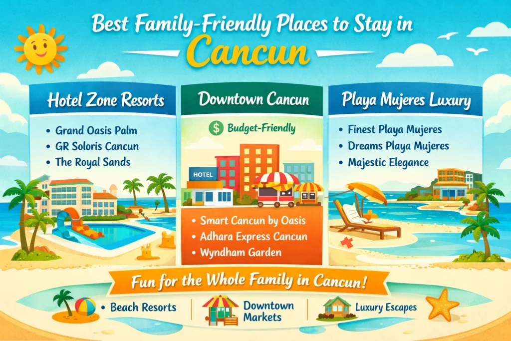 Landscape infographic showing the best family-friendly places to stay in Cancun, comparing the Hotel Zone, Downtown Cancun, and Playa Mujeres with visuals and key highlights