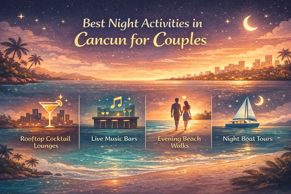 Best night activities for couples in Cancun: rooftop cocktails, live music, beach walks, and night boat tours.