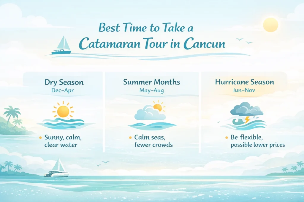 Landscape infographic showing the best time to take a Cancun catamaran tour: Dry Season, Summer Months, and Hurricane Season.