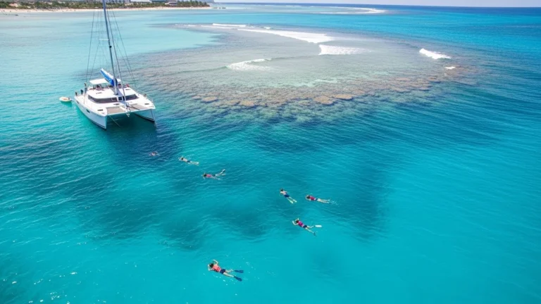 Snorkelers swimming in clear turquoise waters near a catamaran by a coral reef during a Cancun snorkeling boat tour.