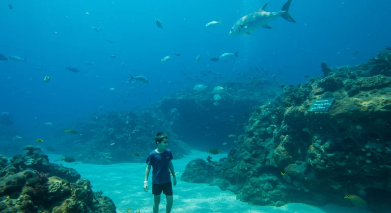 Parents with kids snorkeling at Cancun Underwater Museum.