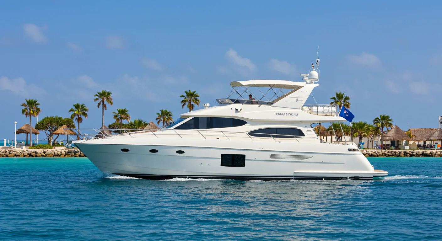 A sleek yacht cruising through turquoise waters, perfect for Cancun yacht rentals.