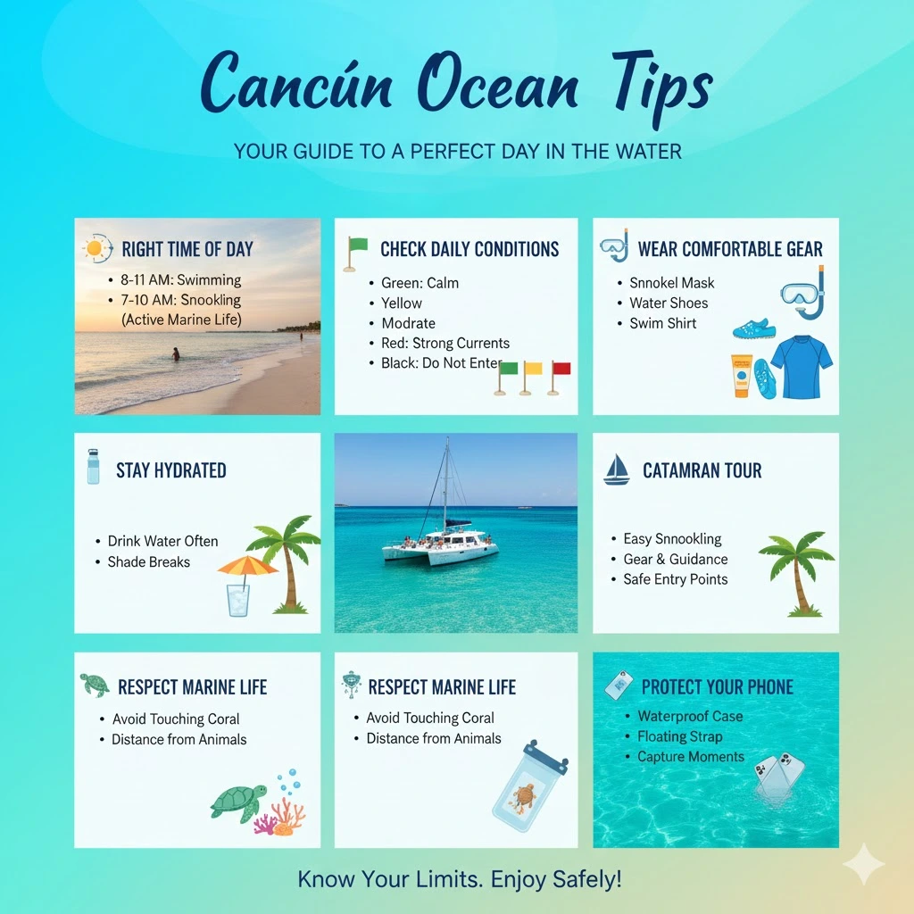 Infographic showing Cancun ocean tips with safety guidelines, beach flag meanings, gear suggestions, hydration reminders, marine life respect, and catamaran tour advice.