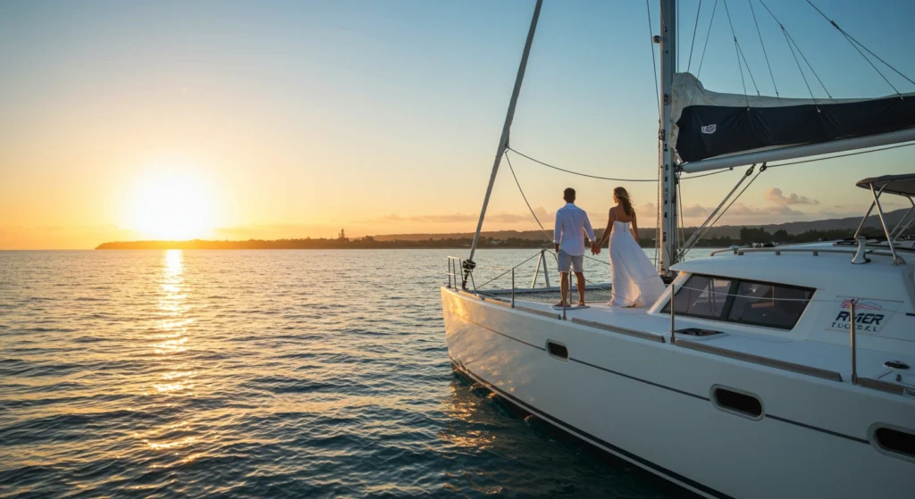 Honeymooners relaxing on deck during a scenic catamaran ride.