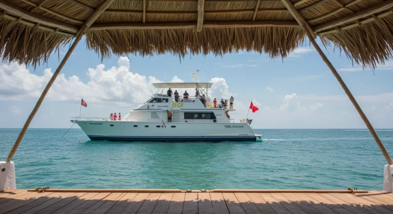 Tourists enjoying a catamaran cruise in Cancún on the Caribbean Sea