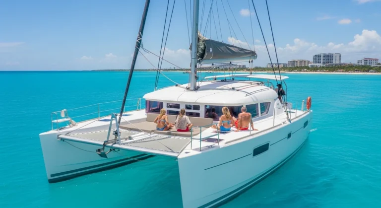 Catamaran sailing in turquoise water near Playa del Carmen with travelers relaxing on deck