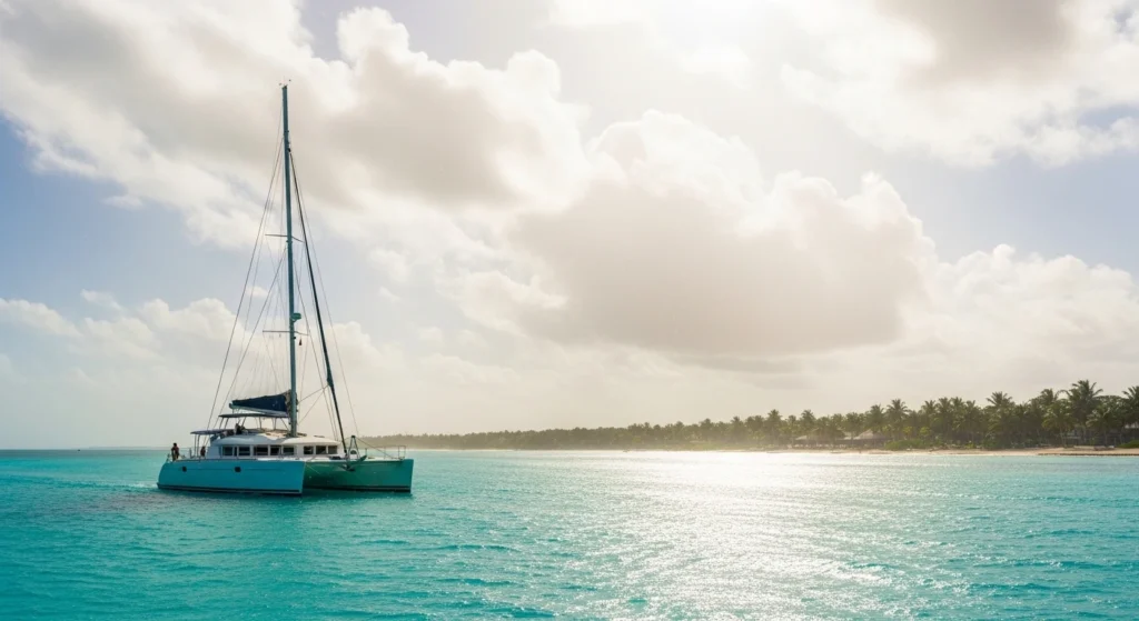 White catamaran sailing on calm turquoise water in Cancun with sunlight breaking through tropical clouds during the rainy season.