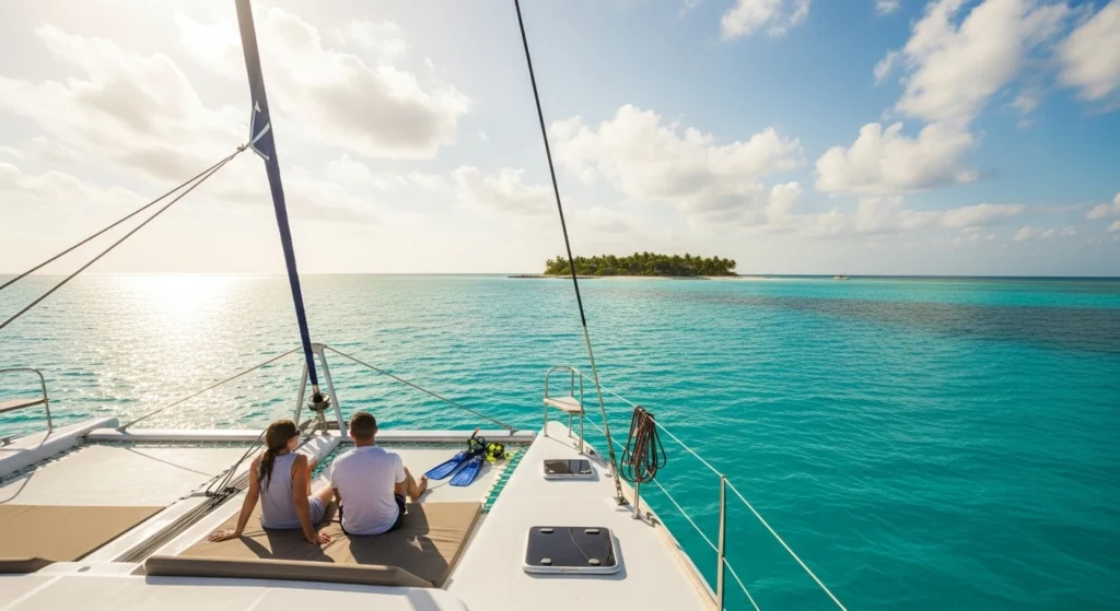 Catamaran sailing in Cancun with a few tourists from behind, calm turquoise waters, tropical island, and bright sunny skies.