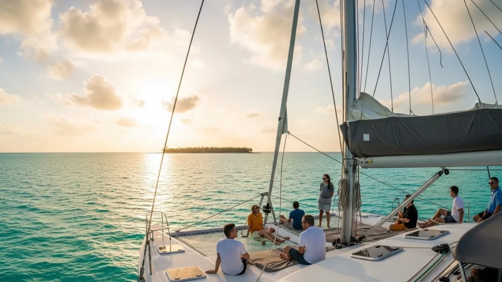 Catamaran sailing toward Isla Mujeres at sunset with turquoise water, golden light, and passengers enjoying the breeze.