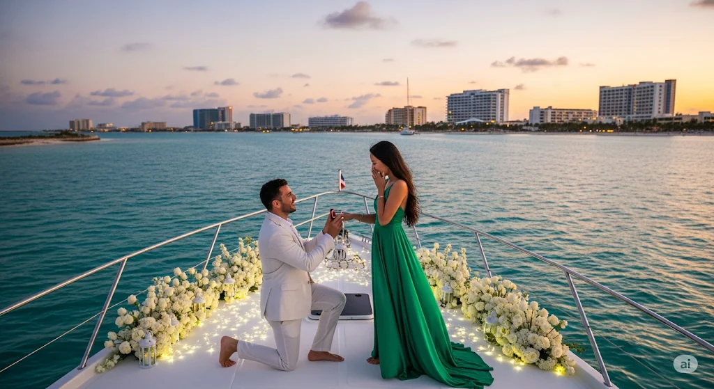 A romantic yacht proposal taking place on a beautiful boat surrounded by sparkling water.