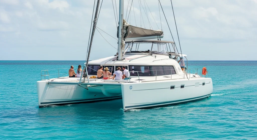 Wide-angle view of a luxury catamaran sailing in Cancun on calm turquoise water in August, with travelers relaxing on deck under sunny skies.
