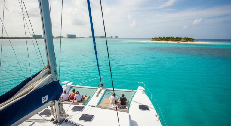 Catamaran sailing from Cancun to Isla Mujeres over calm turquoise waters with island views.