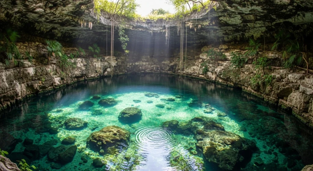 Natural cenote in Mexico with clear turquoise water and sunlight streaming through limestone rock opening.