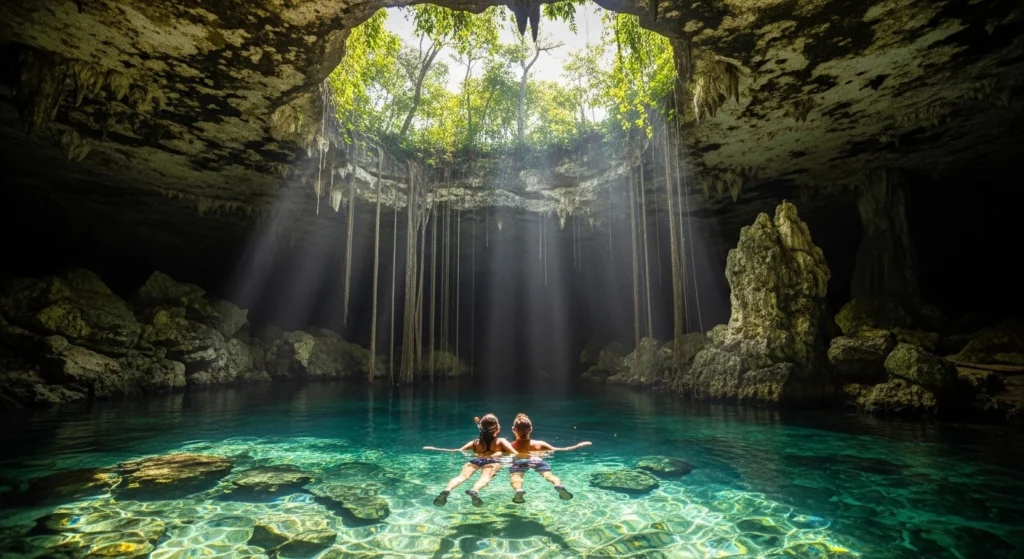 A couple swims in a clear turquoise cenote surrounded by limestone caves and lush jungle, sunlight streaming through the cave opening above.