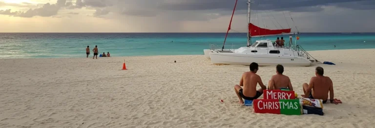 Christmas in Cancun with festive decorations, sunny beaches, and catamaran tours on the turquoise sea.