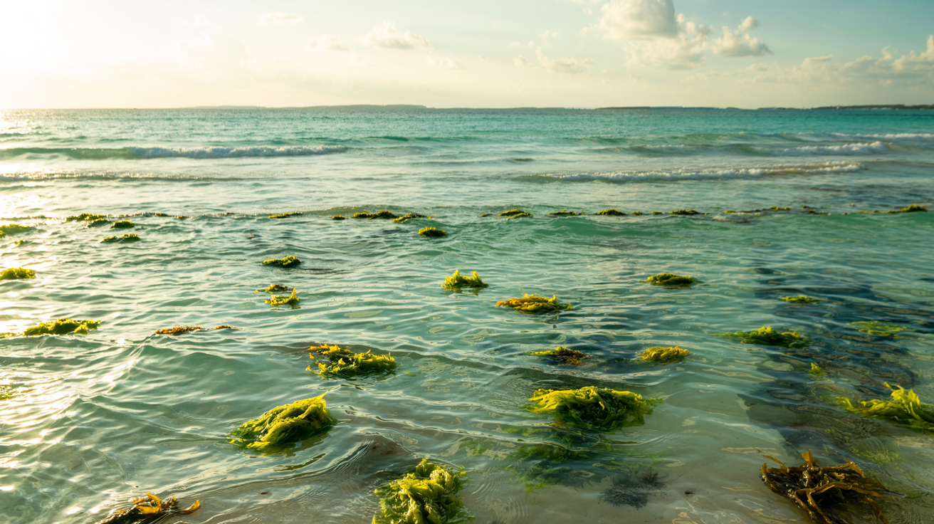Patches of green seaweed floating in clear turquoise water along the Cancun shoreline at sunset.
