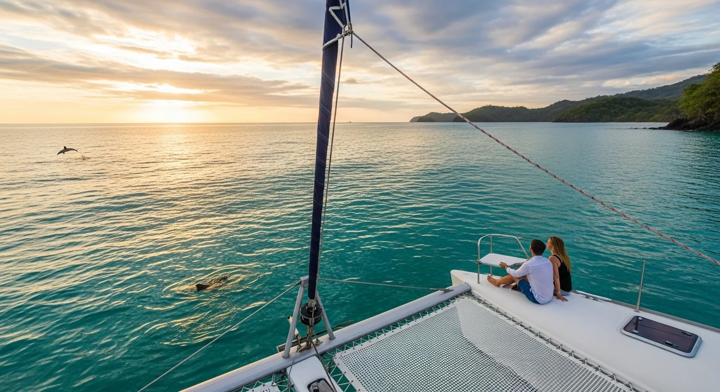 Couple enjoying a private catamaran cruise at sunset along Costa Rica’s coastline with calm waters, lush beaches, and a peaceful, romantic atmosphere.