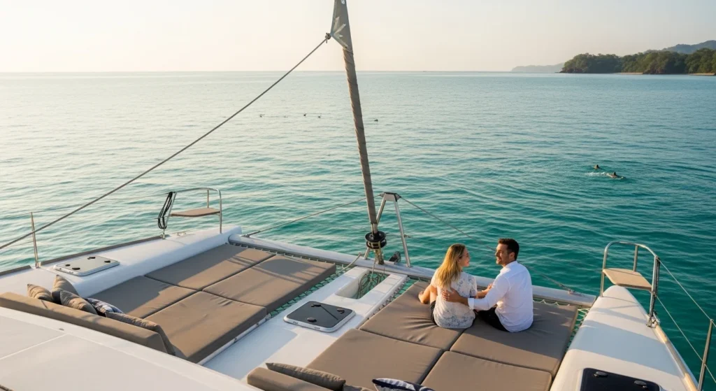 Couple enjoying a calm intimate experience on couples only cruises Costa Rica with turquoise waters and a peaceful coastline.
