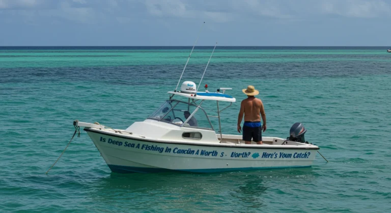 Deep sea fishing in Cancun with a boat on turquoise waters and freshly caught fish