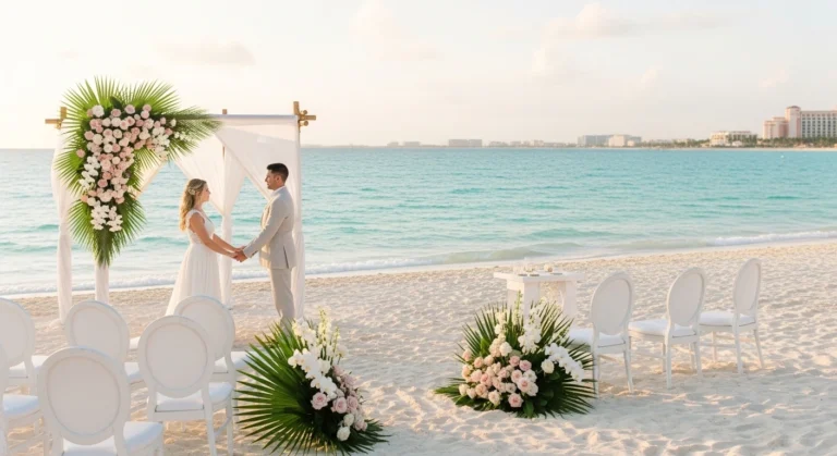Romantic destination wedding in Cancun on a white sand beach with turquoise Caribbean water at sunset.