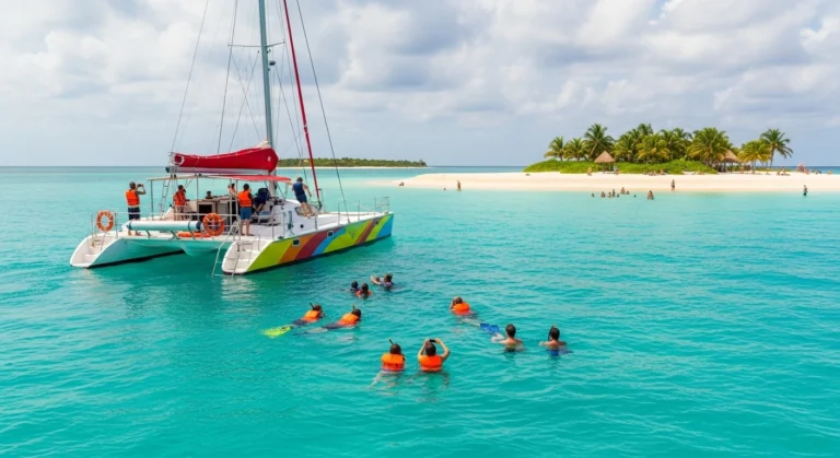 Tourists from behind enjoying a Cancun catamaran excursion with calm turquoise waters, snorkeling, and a tropical island in the background.