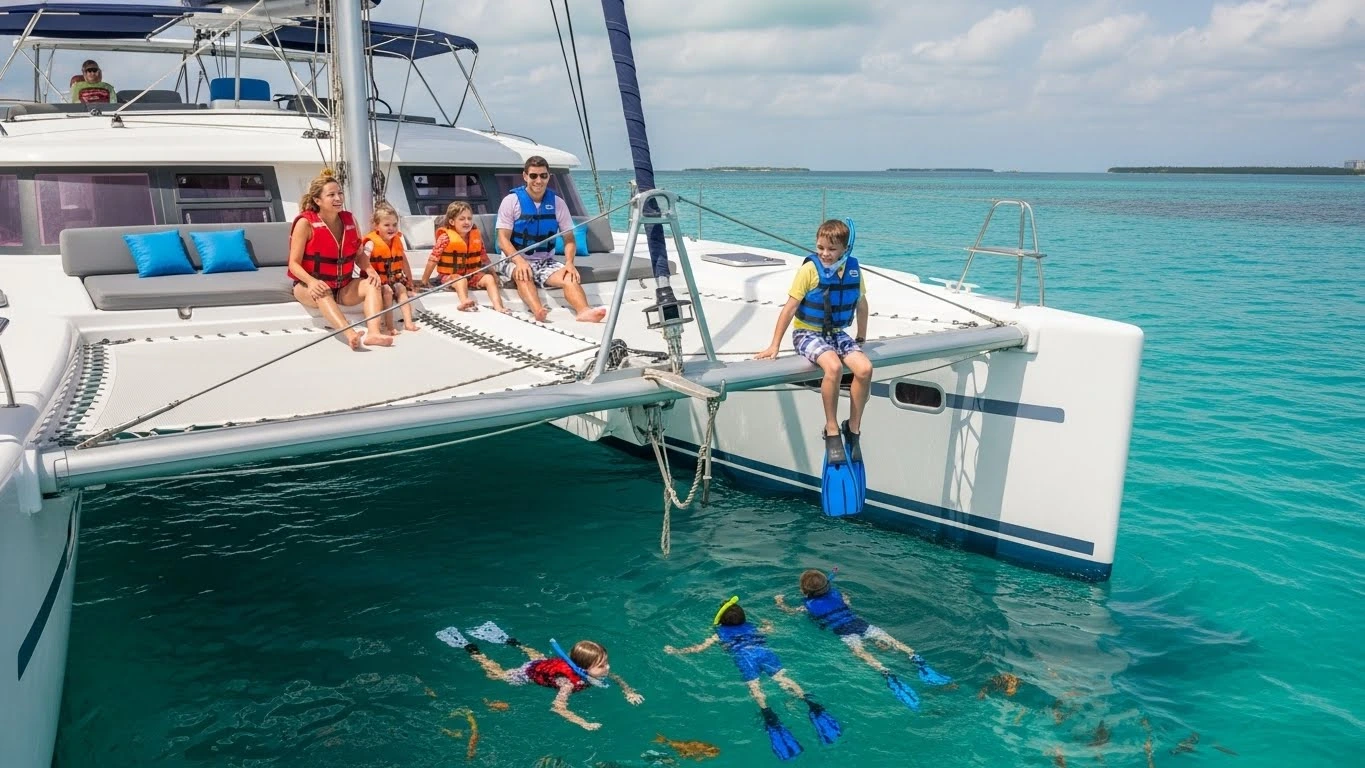 Happy family enjoying a safe and fun catamaran tour in Cancun, with kids snorkeling, wearing life jackets, and playing on deck in calm turquoise waters.