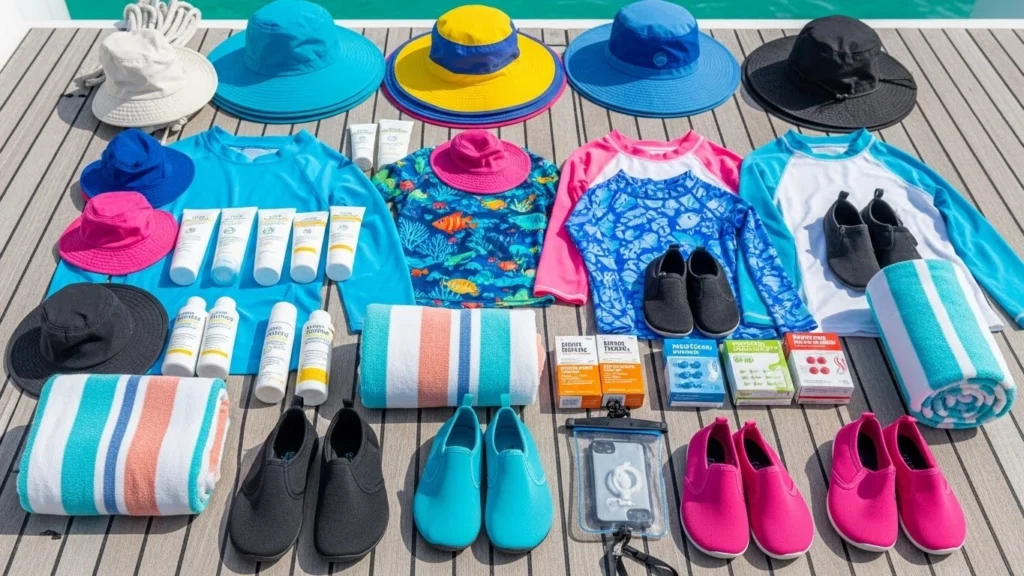 Flat lay of family catamaran essentials including sunscreen, hats, rash guards, water shoes, towels, and waterproof phone pouches.