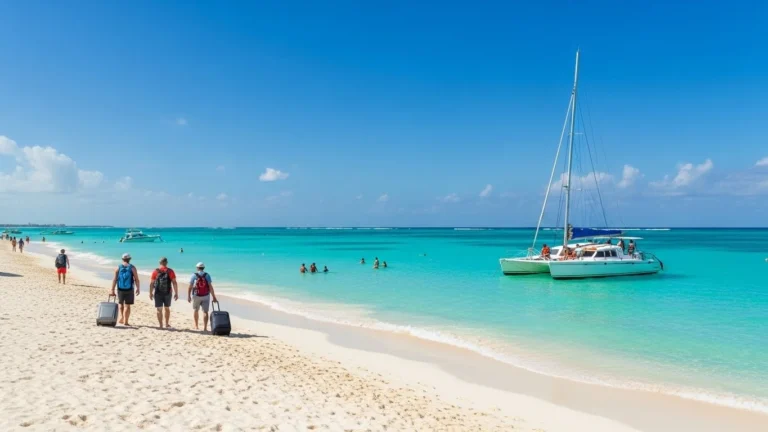 Turquoise waters and white sandy beach in Cancun with tourists enjoying a catamaran ride, capturing the excitement and relaxation of a first-time visit.