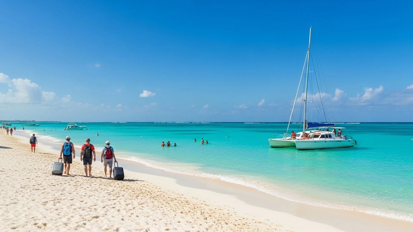 Turquoise waters and white sandy beach in Cancun with tourists enjoying a catamaran ride, capturing the excitement and relaxation of a first-time visit.
