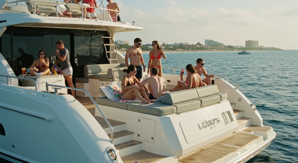 Friends enjoying a sunny day on a yacht, sipping drinks and relaxing.
