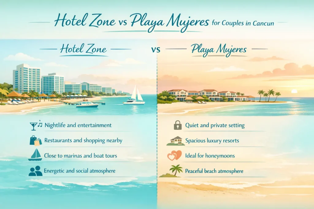Hotel Zone vs Playa Mujeres comparison infographic for couples in Cancun