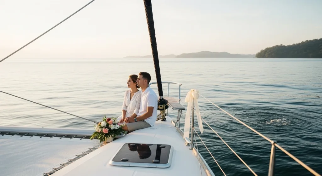 Couple on a catamaran at sunrise in Costa Rica with calm ocean waters, subtle floral decorations on deck, and a distant lush coastline, enjoying a private and romantic moment.