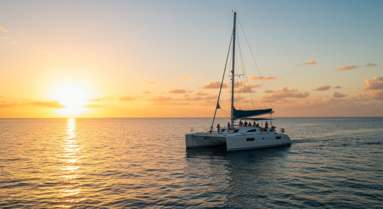 Is Cancun safe to travel? A catamaran sailing at sunset on calm waters.