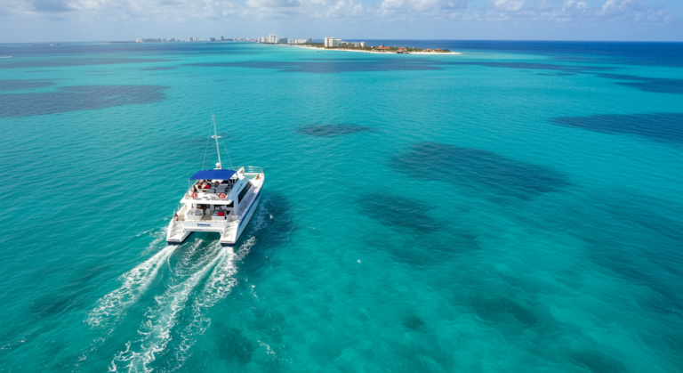 A catamaran cruising through turquoise waters near a tropical island.