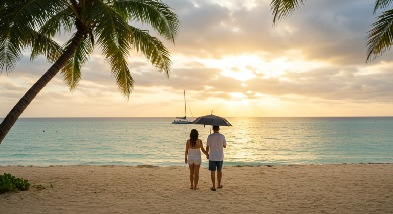 When is the wet season in Cancun as a couple stands under an umbrella watching the sunset by the beach.