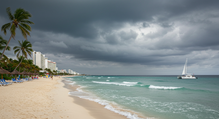 Does Cancun get hurricanes as dark clouds gather over the beach and ocean.
