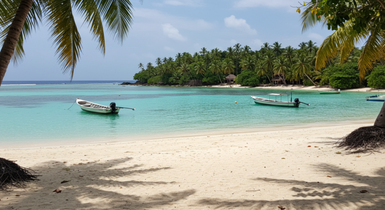 A tranquil beach on Isla Maya with clear waters and anchored boats.