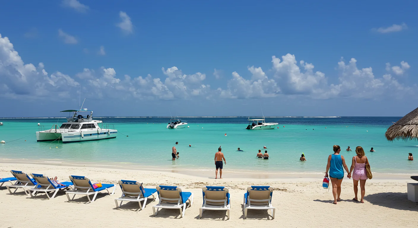 A beautiful beach scene on an Isla Mujeres excursion, with people swimming and boats anchored in turquoise waters.